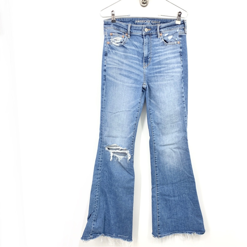 American Eagle Women 4 Jeans Light Wash Pants Distressed Stretch Flare High Rise